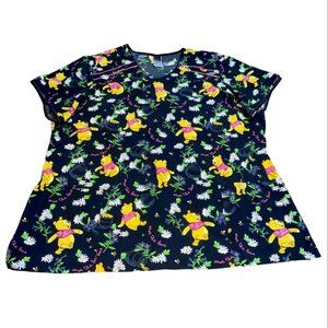 Disney Winnie the Pooh Black Floral Plus Sz 3XL Scrub Shirt Nurse Vet Xray Tech